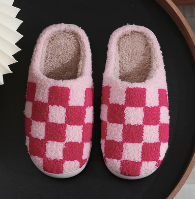 Pink Checkered Slippers. Stay cozy and stylish with these Pink Checkered Slippers. Perfect for weekends with the fam or working from home.
