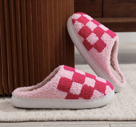 Pink Checkered Slippers. Stay cozy and stylish with these Pink Checkered Slippers. Perfect for weekends with the fam or working from home.
