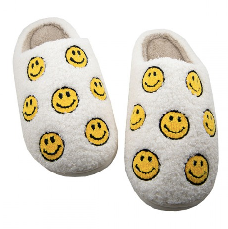 Stay cozy, stylish, and happy with these Multi Yellow Smiley Face Slippers from Whim! Perfect for weekends with the fam or working from home.