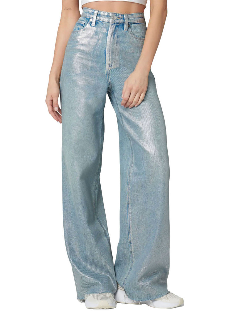Blank NYC Metallic Jeans Silver Star. A metallic coating creates a sleek, chrome-like look on these high-waist jeans crafted from non-stretch organic-cotton denim in a wide-leg silhouette.