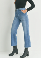 JBD Cargo Pocket Wide Leg Medium Blue Denim. Contemporary styles with 70s vibes combine to create the most comfortable, figure-flattering jeans. These wide-leg jeans feature patch pockets and a zip front closure for an all-out vintage inspired look.
