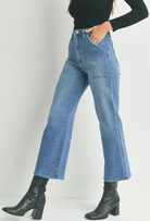 JBD Cargo Pocket Wide Leg Medium Blue Denim. Contemporary styles with 70s vibes combine to create the most comfortable, figure-flattering jeans. These wide-leg jeans feature patch pockets and a zip front closure for an all-out vintage inspired look.
