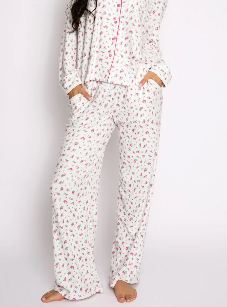 PJ Salvage Vintage Remix Pant Ivory Print. Get cozy in this classic lounge pant with a vintage twist, featuring a mini floral print on double brushed (double soft) pointelle with a tie waist elastic band for ultra comfort.