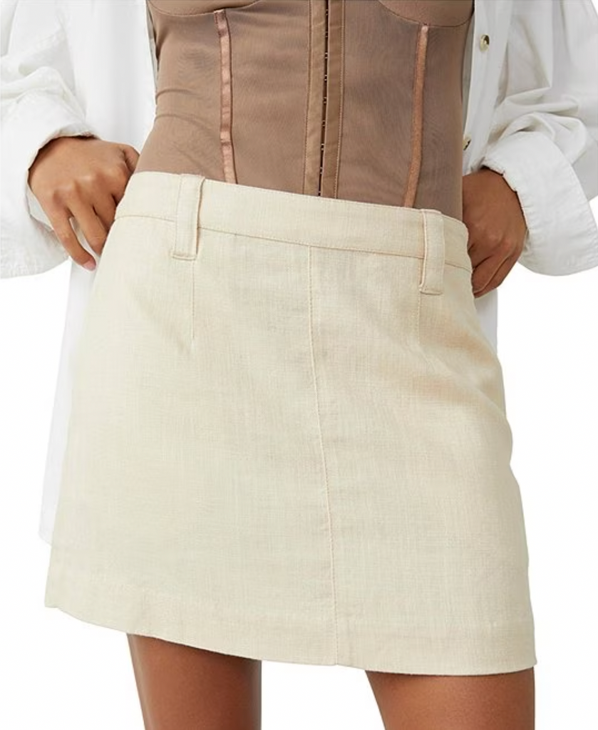 Free People Can't Blame Me Mini Bleached Sand. Your newest go-to mini skirt, this timeless piece will never go out of style featuring an invisible zip closure, belt loops at the waist, side pockets, and a soft knit fabrication.