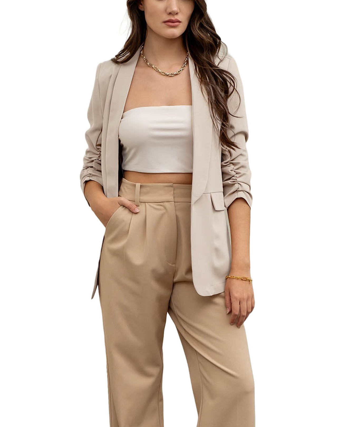 Beautiful Chaos Ruched Sleeve Blazer Oatmeal. This blazer features a shawl collar with an open front, flap pockets and ruched sleeves, the perfect basic to have in your rotation to add a touch of sophistication to any look.