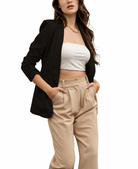 Beautiful Chaos Ruched Sleeve Blazer Black. This blazer features a shawl collar with an open front, flap pockets and ruched sleeves, the perfect basic to have in your rotation to add a touch of sophistication to any look.
