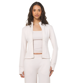 fitted zip jacket, ivory zip up, athleisure jacket, yoga zip up, soft track jacket, women’s workout jacket, neutral activewear, sleek zip up, minimal jacket women, off duty outfit