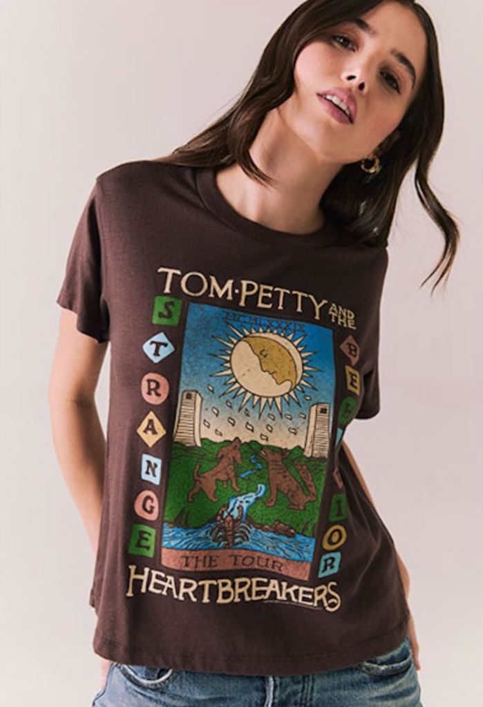 Tom Petty graphic heartbreakers tee in chocolate brown, graphic rocker tee