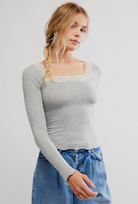 lace trim top, square neck long sleeve, grey ribbed top, feminine basics, layering tops, romantic blouse, lace neckline top, fitted knit top, minimalist style, chic everyday top