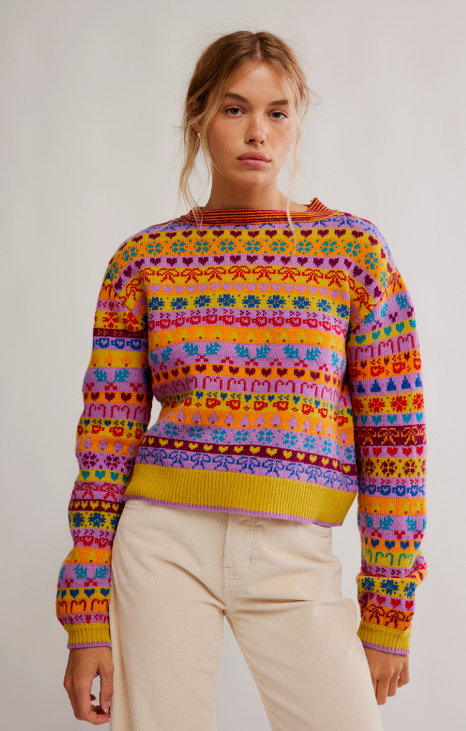 rainbow sweater, fair isle sweater, colorful knit sweater, fall sweaters women, winter knits, cozy chic sweater, bright sweaters, statement knit, dopamine dressing, whimsical fashion