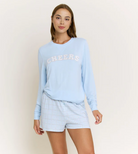 cheers lounge set, light blue pajama set women, women’s cozy lounge set, embroidered cheers top, gingham pajama shorts, cute sleepwear set, soft knit pajama set, women’s casual loungewear, comfy matching lounge set, boutique pajama set, relaxed fit sleep set, women’s lounge outfit, cute bedtime set, chic sleepwear women, cozy at home outfit