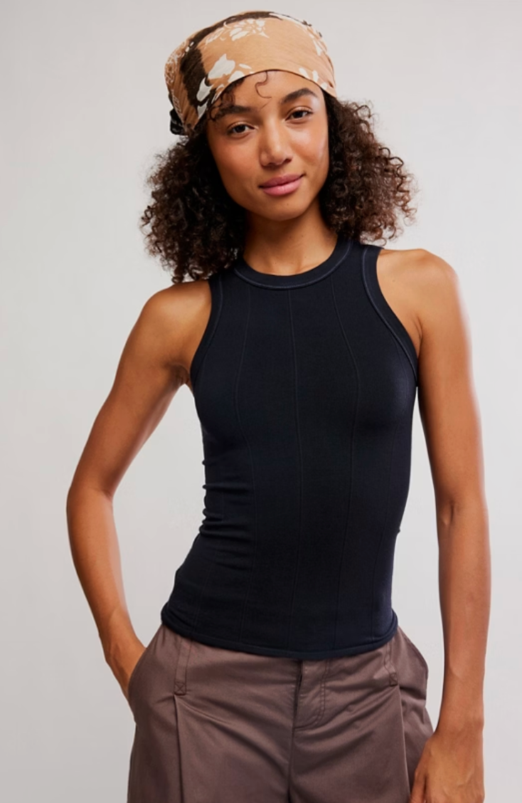 fitted tank top, women’s sleeveless top, high neck tank top, structured tank top, women’s layering top, boutique basic tank, stretch fitted top, everyday essential top, minimalist tank top, elevated basic top