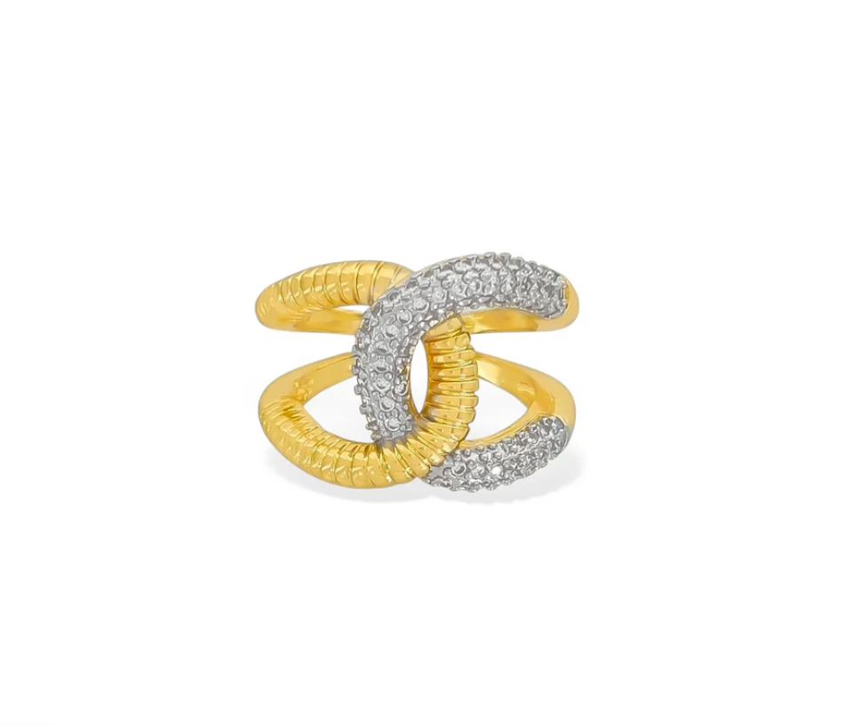 gold statement ring, pavé wrap ring, interlocking gold ring, sculptural gold ring, pavé crystal ring, bold gold jewelry, modern statement ring, textured gold ring, stacked look ring, boutique statement ring, everyday statement jewelry, gold cocktail ring
