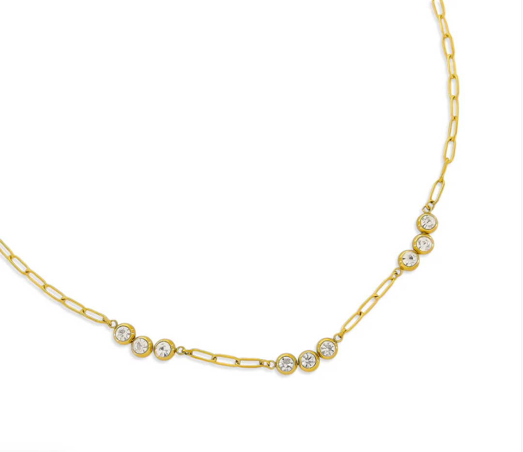 gold bezel necklace, dainty gold necklace, minimalist gold necklace, delicate chain necklace, layering necklace, everyday gold jewelry, bezel stone necklace, simple gold necklace, boutique gold necklace, understated sparkle necklace