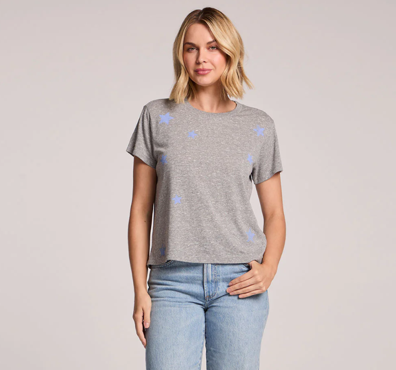 Women's short sleeve crewneck tee featuring an allover scattered star print and relaxed silhouette.