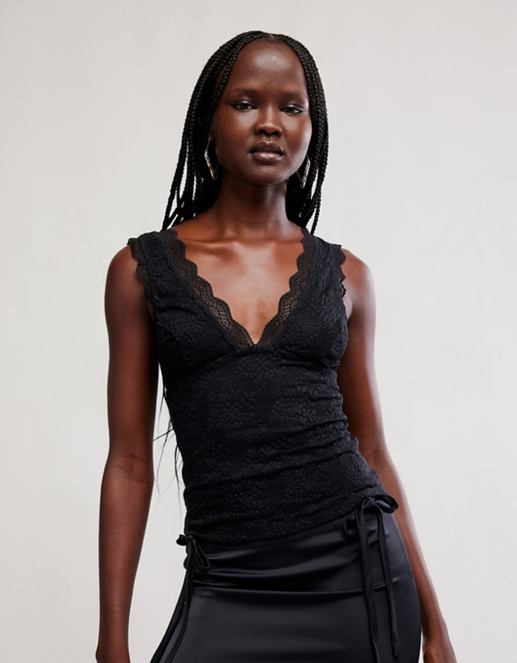 Black lace sleeveless tank with a scalloped V-neckline, stretch fit, and open-back detail with a clasp closure, shown from the front and back.