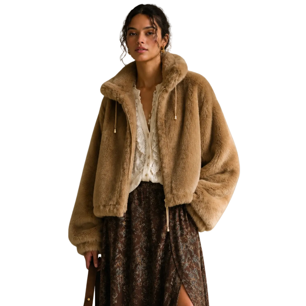 Plush faux-fur jacket with drawstring high collar