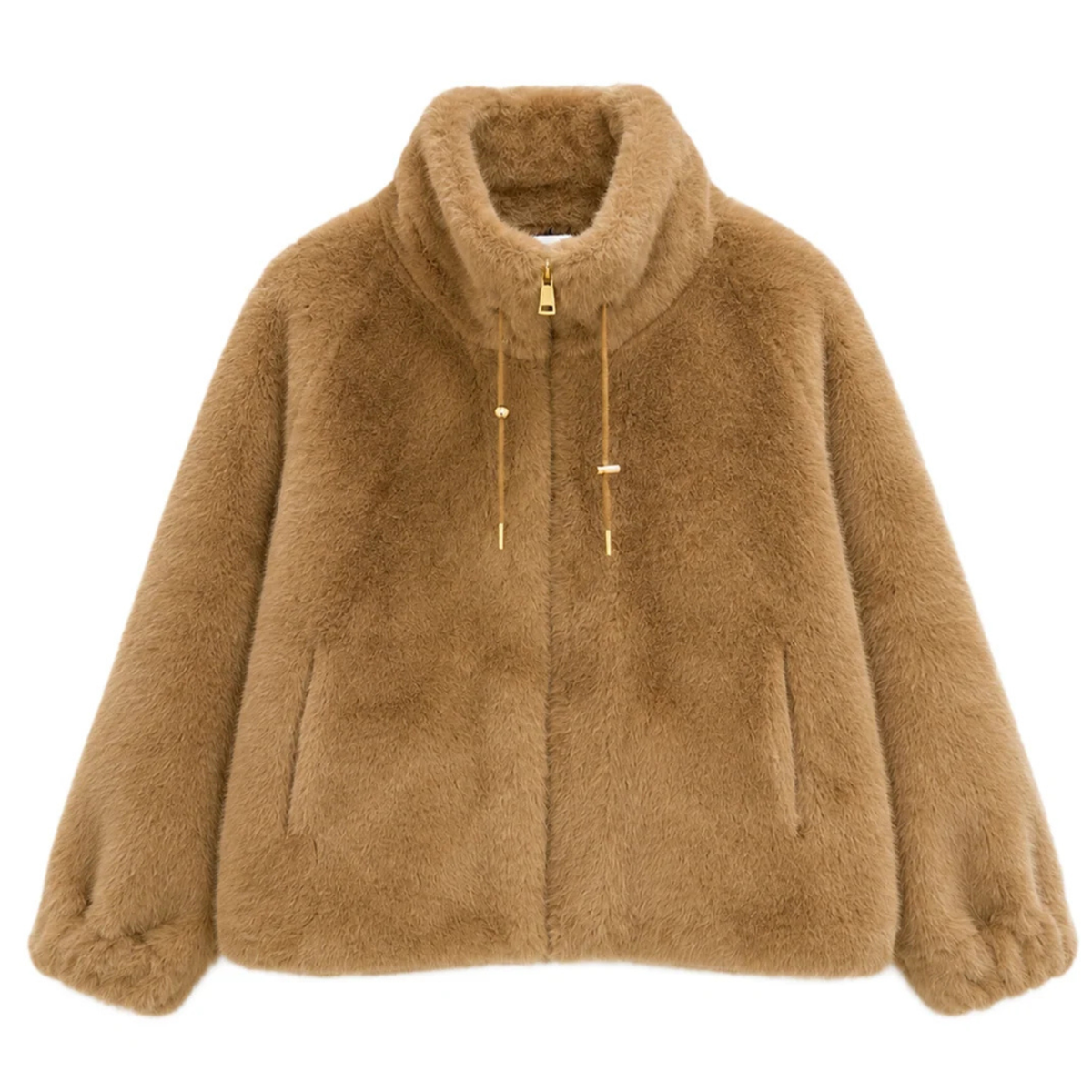 Plush faux-fur jacket with drawstring high collar