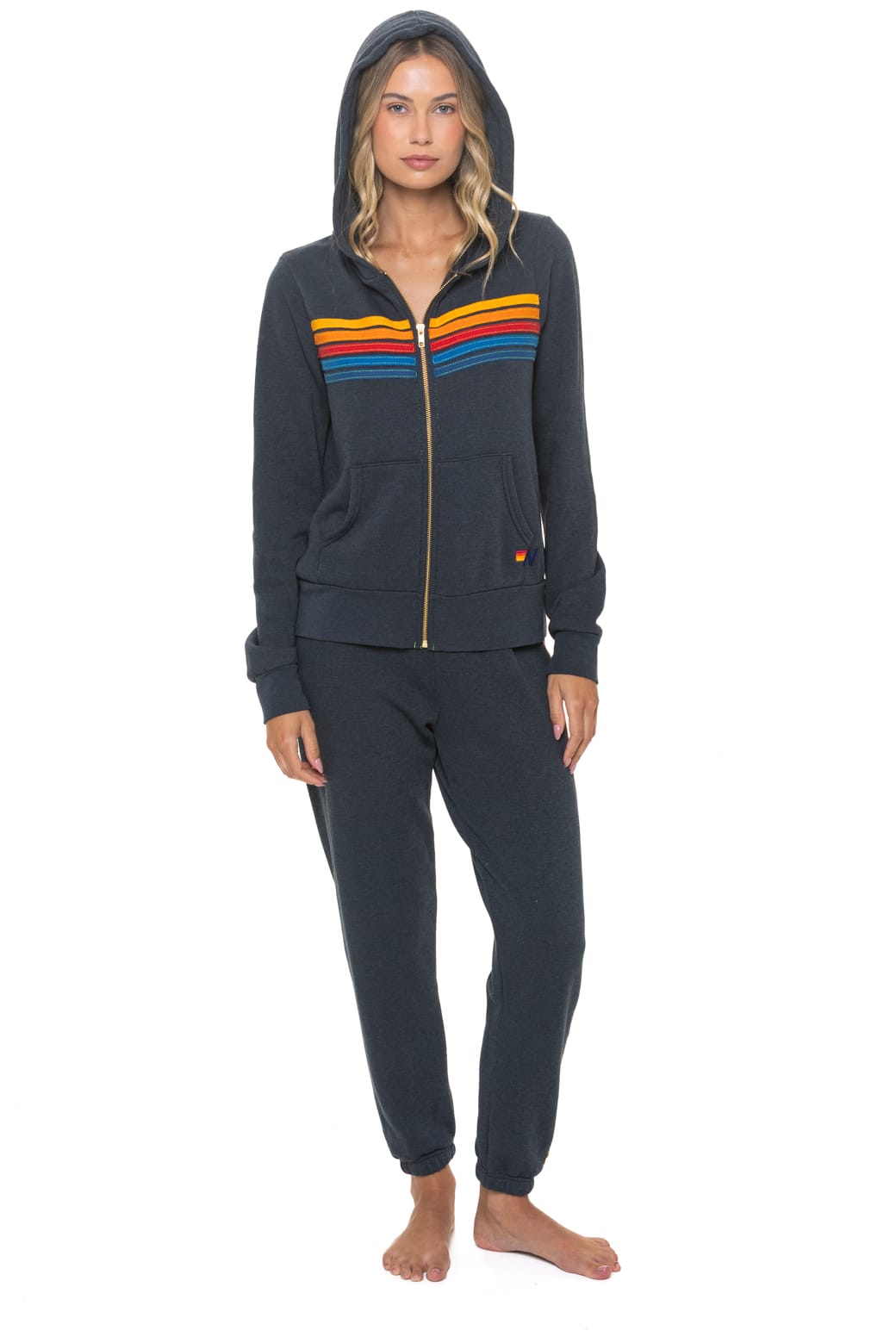 Aviator Nation 5 Stripe Zip Hoodie in Charcoal