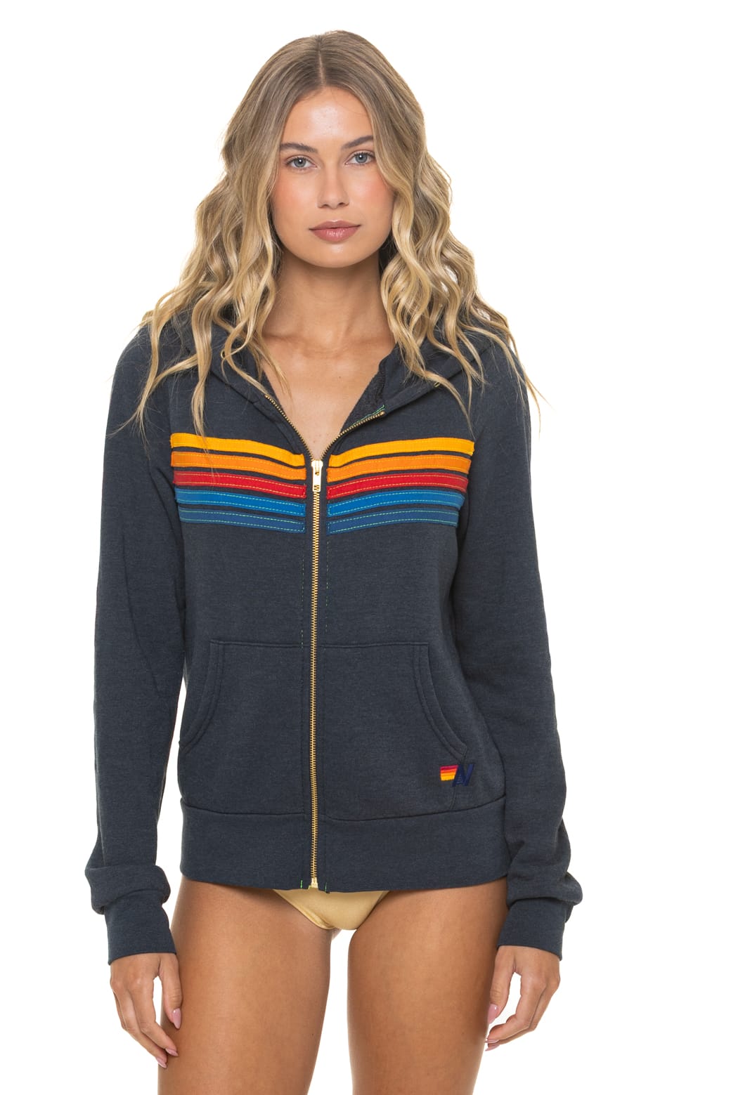 Aviator Nation 5 Stripe Zip Hoodie in Charcoal