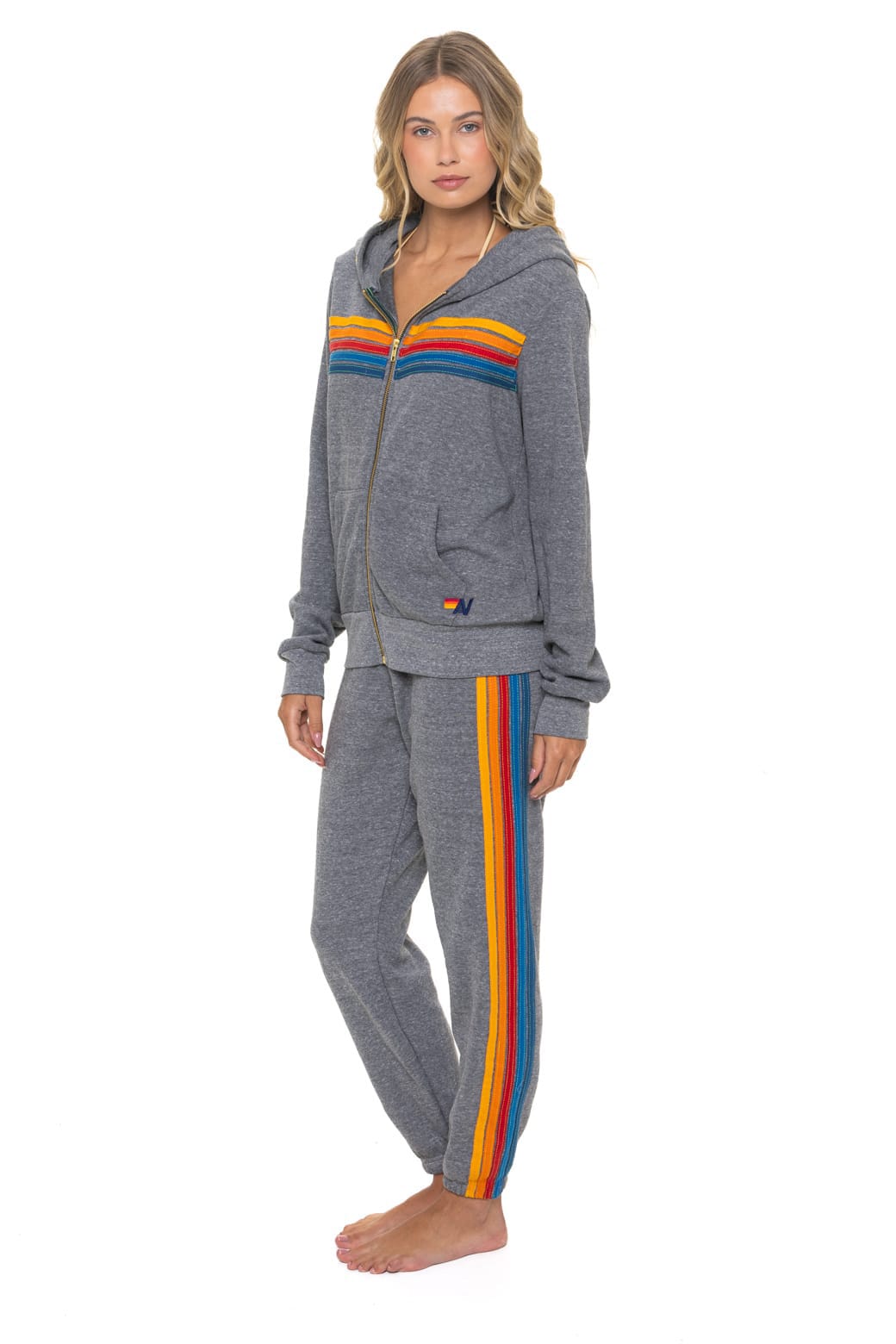 Aviator Nation 5 Stripe Zip Hoodie in Heather Grey