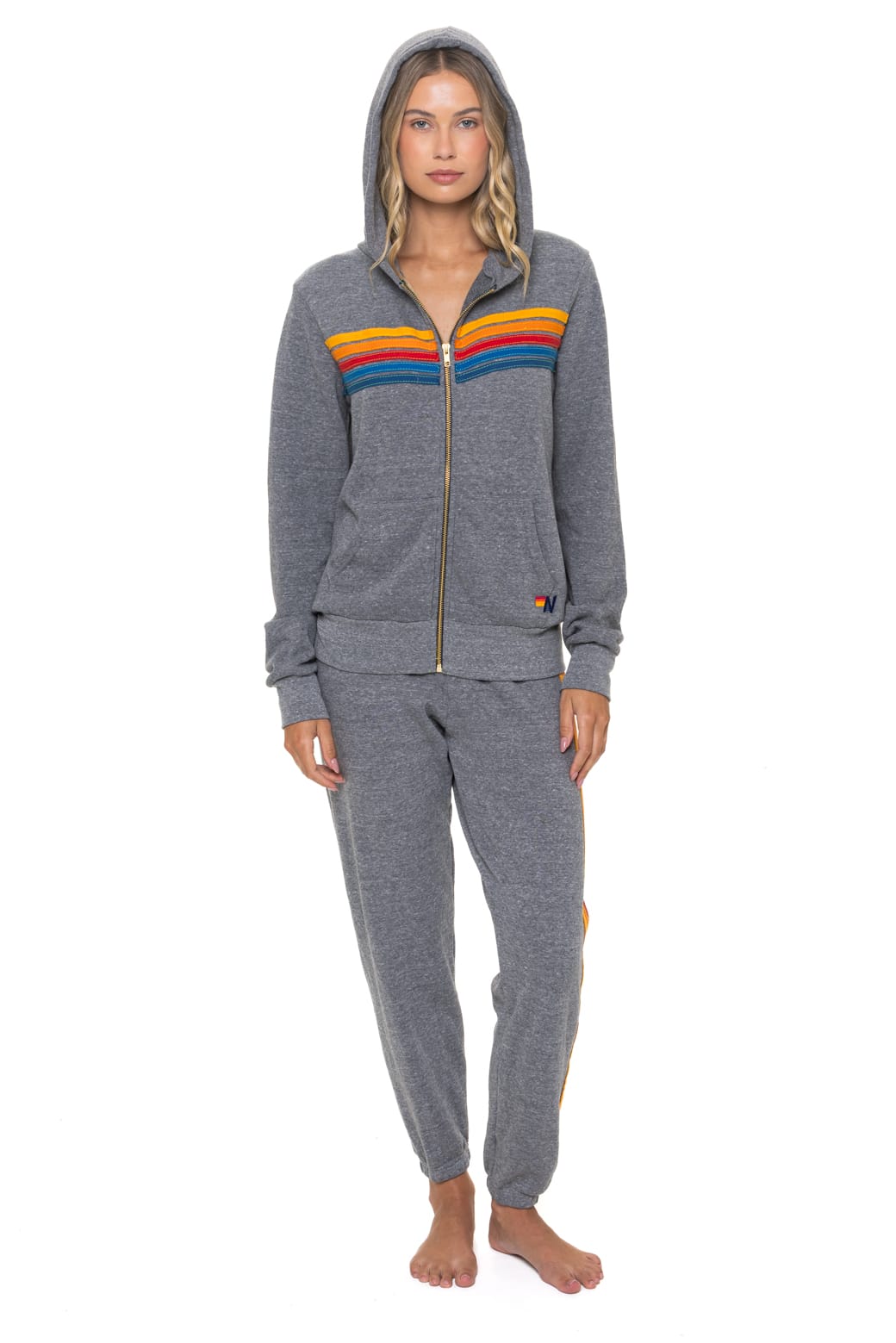 Aviator Nation 5 Stripe Zip Hoodie in Heather Grey