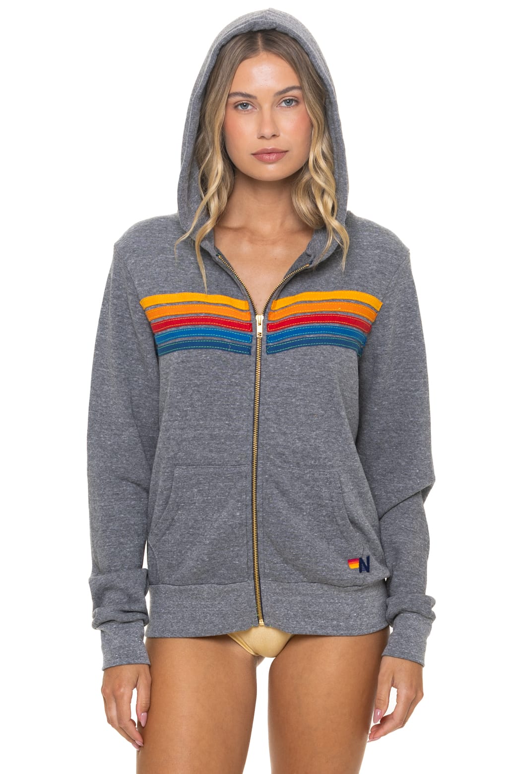 Aviator Nation 5 Stripe Zip Hoodie in Heather Grey