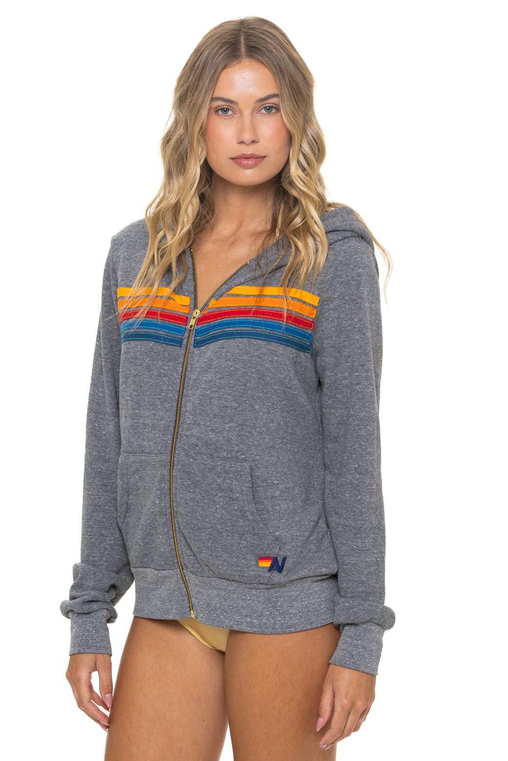 Aviator Nation 5 Stripe Zip Hoodie in Heather Grey