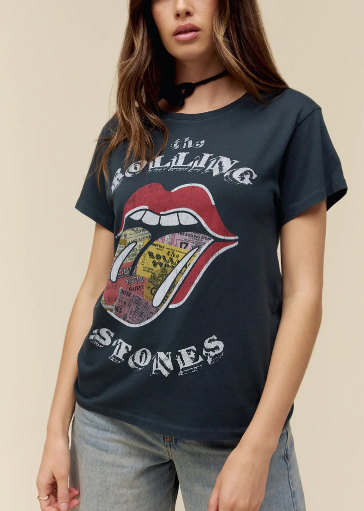 Day Dreamer Stones Tongue Tee Vintage Black. A souvenir for the Stones show goer, this double-sided tour tee features the crew’s hot lips logo filled with authentic concert tickets.