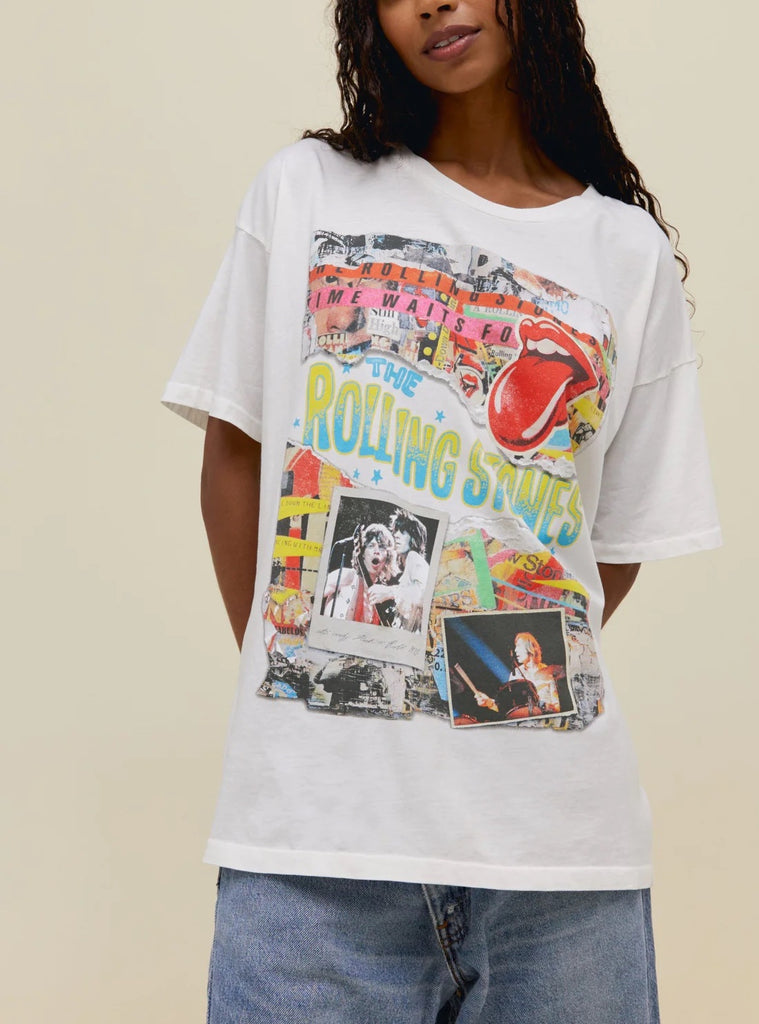 Day Dreamer Time Waits For No One Tee Vintage White. Meant to feel like a true souvenir, featuring a cut and paste collage highlighting some of the Stones’ most signature symbols. Shouting out one of their best tracks ever recorded, this merch tee is marked with “Time Waits for No One." 