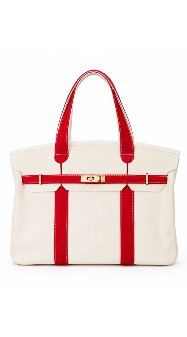 Structured canvas tote bag with contrast handles, decorative buckle detail, gold-tone hardware, and a spacious carryall design.