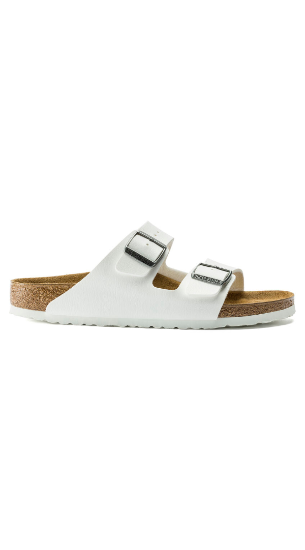 Birkenstock Arizona Birko-Flor White. An icon of timeless design and legendary comfort, the Arizona sandal comes in durable Birko-Flor for a classic, leather-like finish. Complete with signature design elements, like a contoured cork-latex footbed for the ultimate in support.