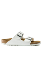 Birkenstock Arizona Birko-Flor White. An icon of timeless design and legendary comfort, the Arizona sandal comes in durable Birko-Flor for a classic, leather-like finish. Complete with signature design elements, like a contoured cork-latex footbed for the ultimate in support.
