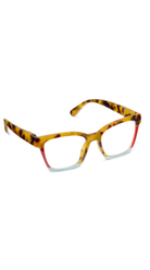bold pattern square reading glasses with colorblock detailing and clear lenses.