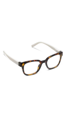 Tortoise square reading glasses with white arms and clear lenses.