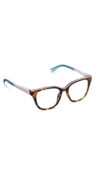 Tortoise square reading glasses with pastel pink and teal temples and clear lenses.