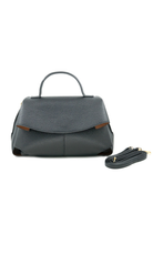 Structured pebbled handbag with a top handle, curved flap, and detachable shoulder strap.