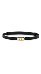 A slim black leather belt with a gold-tone metal lock closure, displayed horizontally on a clean white background.