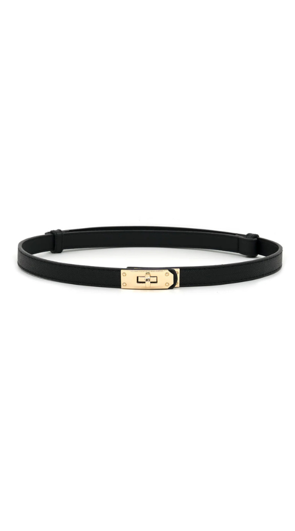 A slim black leather belt with a gold-tone metal lock closure, displayed horizontally on a clean white background.