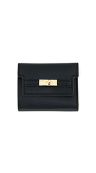 A black pebbled leather bi-fold wallet with a gold-tone metal clasp on a plain white background.