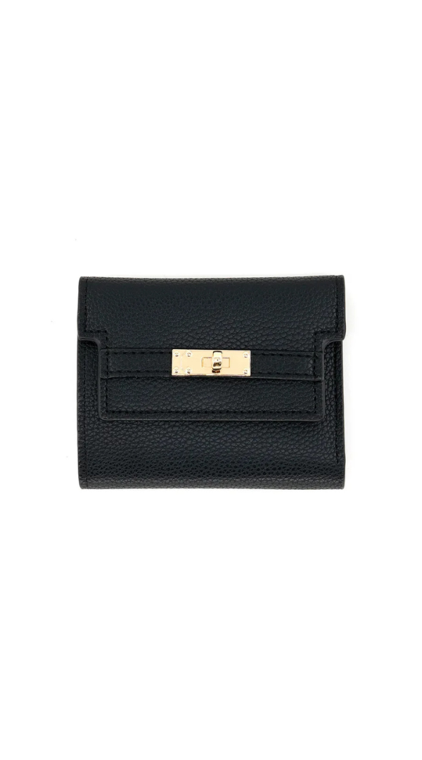 A black pebbled leather bi-fold wallet with a gold-tone metal clasp on a plain white background.
