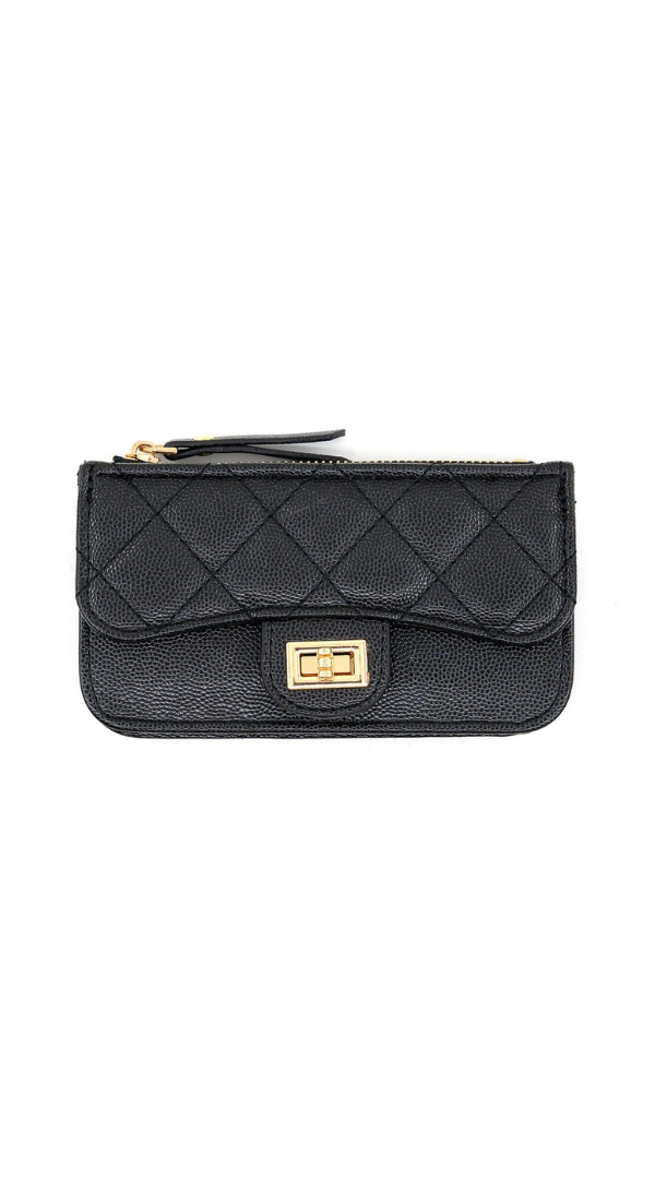 A black quilted leather coin pouch with a gold-tone turn-lock clasp and zipper, shown against a plain white background.