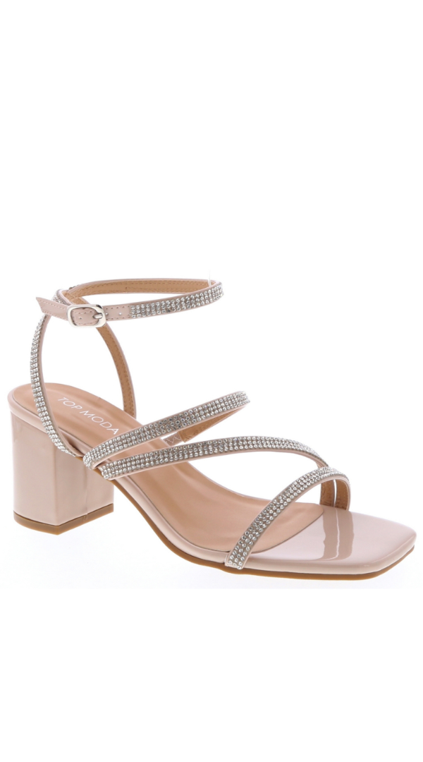 Strappy block heel sandal with crystal embellished straps and ankle strap designed as a dressy heeled shoe