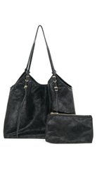 Slouchy tote bag with slim shoulder straps, gold-tone hardware, and a removable zip pouch.