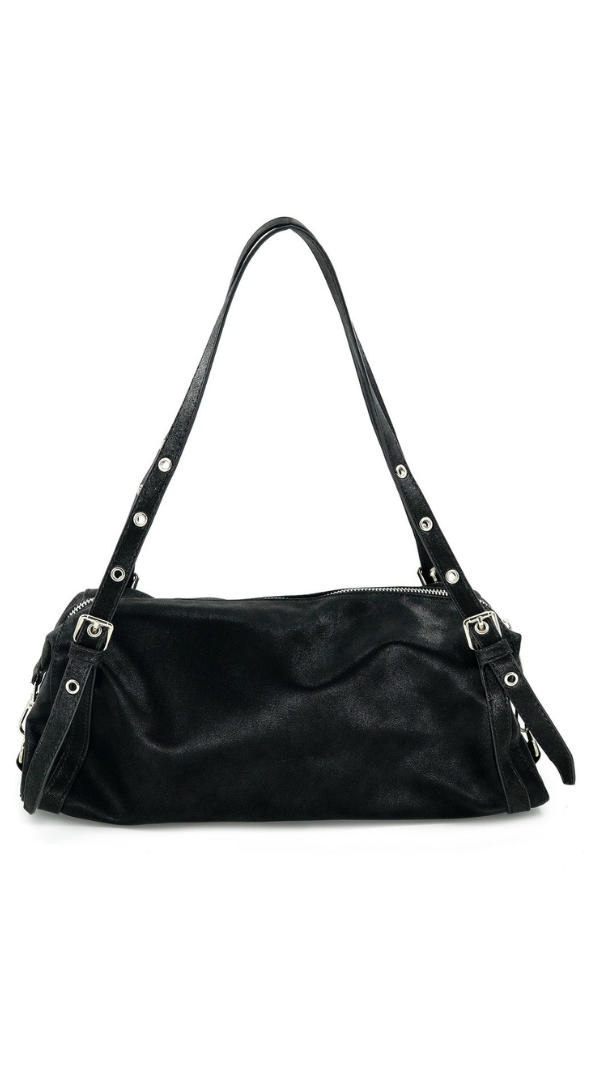 Slouchy shoulder bag with studded straps, buckle accents, silver-tone hardware, and a zip-top closure.