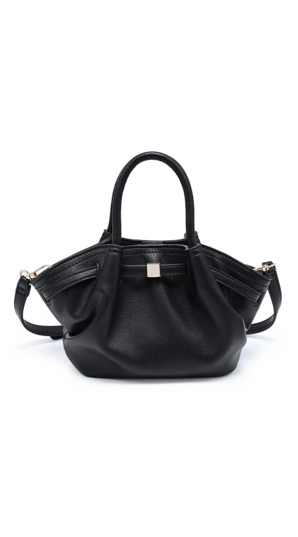 A black pebbled leather handbag with dual top handles and a small gold-tone metal accent on the front, photographed against a plain white background.