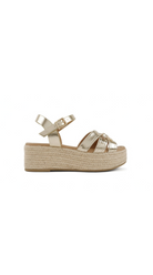 Platform espadrille sandals with woven sole and ankle strap closure