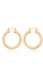 Textured gold hoop earrings featuring a twisted rope design and polished finish.