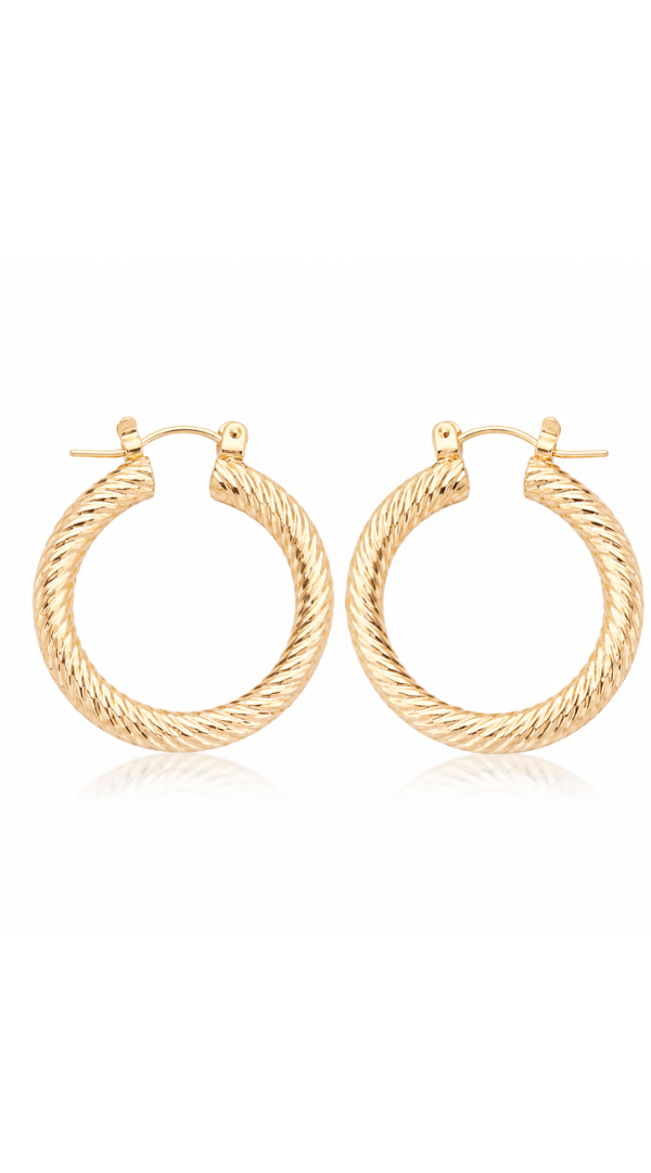 Textured gold hoop earrings featuring a twisted rope design and polished finish.