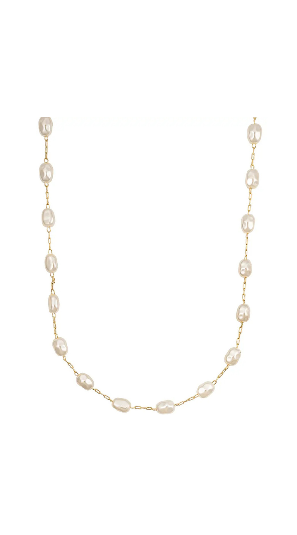 Delicate station necklace featuring freshwater-inspired pearls evenly spaced along a fine chain.